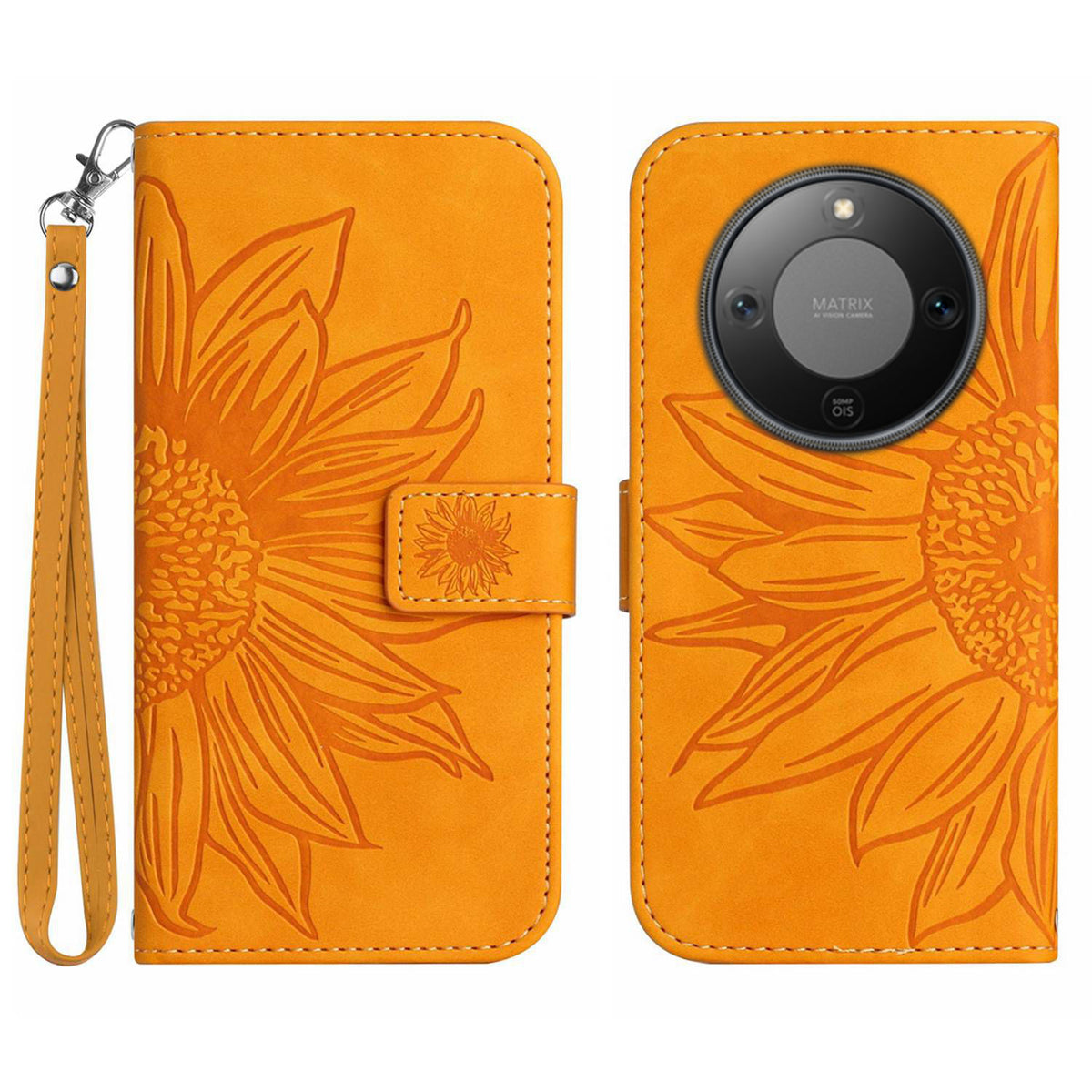 For Honor Magic8 Lite 5G / X9d 5G / X70 5G Case Sunflower Imprint Leather Wallet Phone Cover with Wrist Strap
