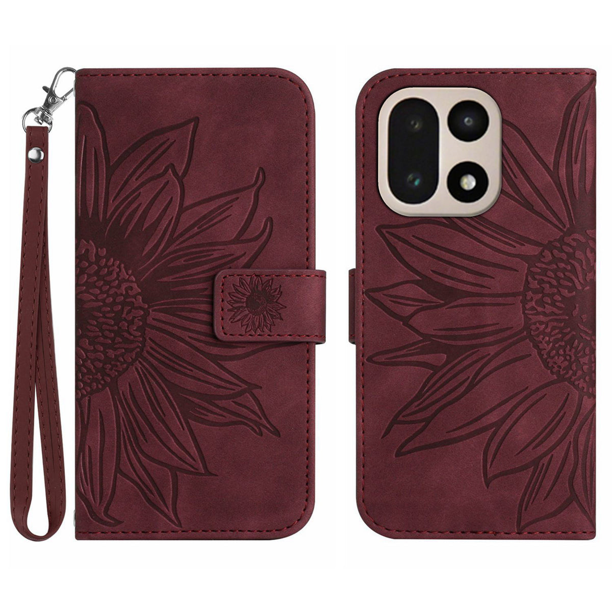 OnePlus 15 5G-skal Sunflower Imprint Läderplånbok mobilskal med Handledsrem