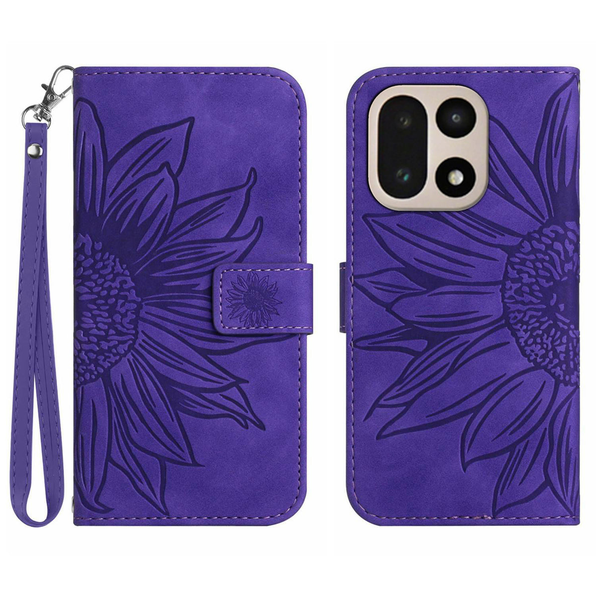 OnePlus 15 5G-skal Sunflower Imprint Läderplånbok mobilskal med Handledsrem