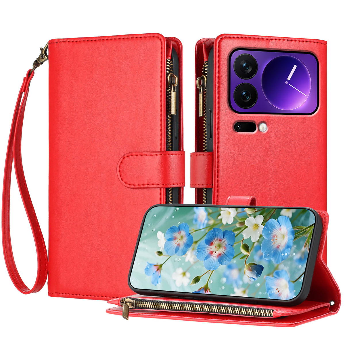 For Xiaomi 17 Pro Leather Case Zipper Wallet Stand Shockproof Phone Cover with Wrist Strap