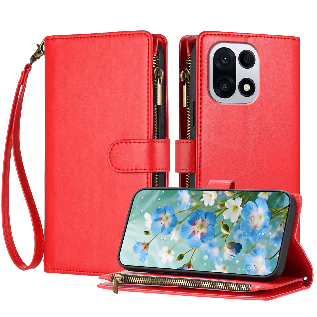 For OnePlus 15 5G Leather Case Zipper Wallet Stand Shockproof Phone Cover with Wrist Strap