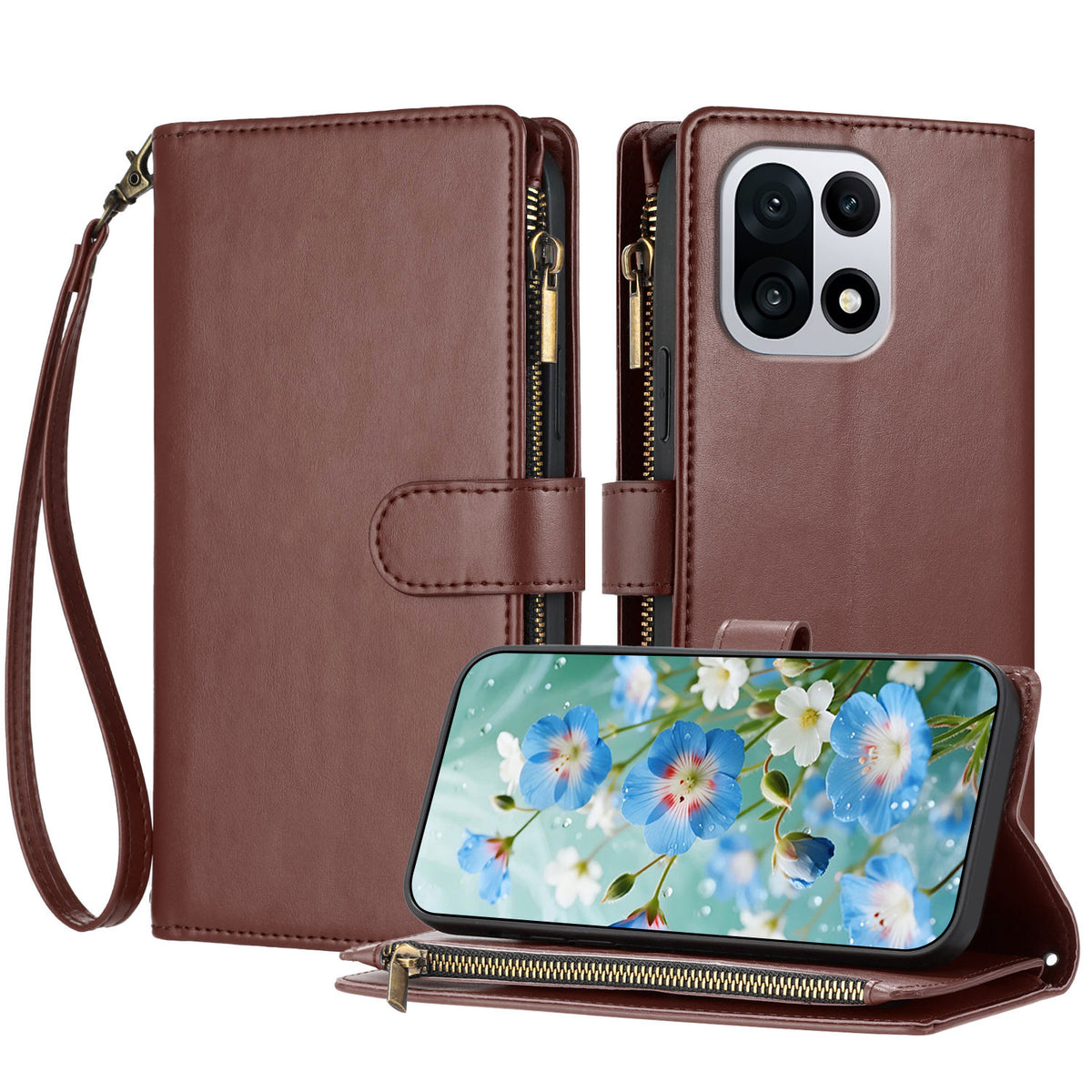 For OnePlus 15 5G Leather Case Zipper Wallet Stand Shockproof Phone Cover with Wrist Strap