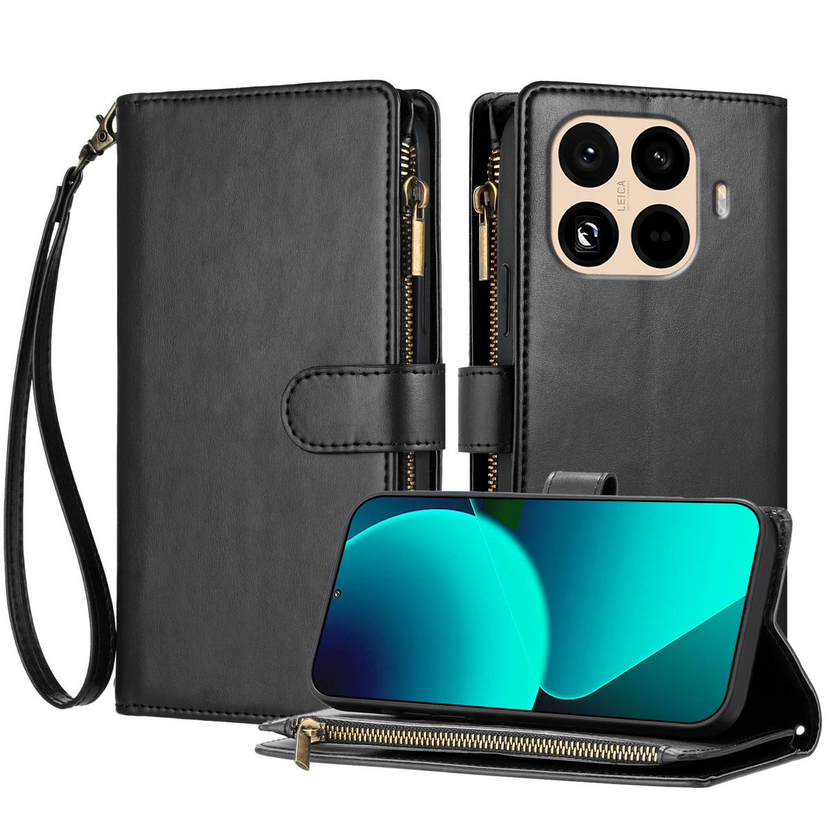 For Xiaomi 15T Pro Leather Case Zipper Wallet Stand Shockproof Phone Cover with Wrist Strap