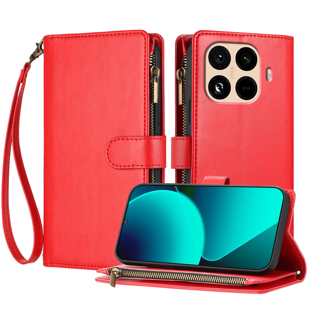 For Xiaomi 15T Pro Leather Case Zipper Wallet Stand Shockproof Phone Cover with Wrist Strap