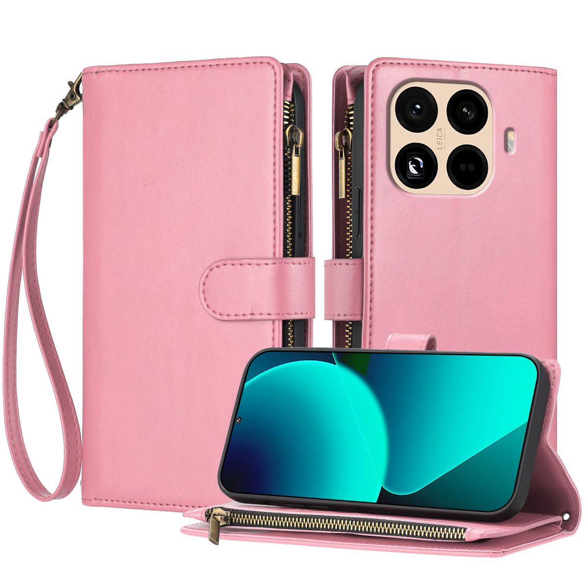 For Xiaomi 15T Pro Leather Case Zipper Wallet Stand Shockproof Phone Cover with Wrist Strap