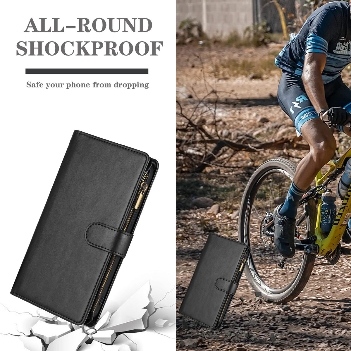 For Xiaomi 15T Leather Case Zipper Wallet Stand Shockproof Phone Cover with Wrist Strap