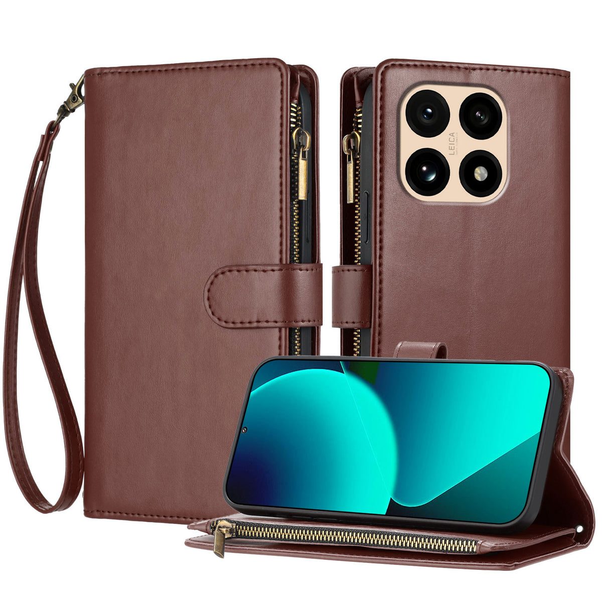 For Xiaomi 15T Leather Case Zipper Wallet Stand Shockproof Phone Cover with Wrist Strap
