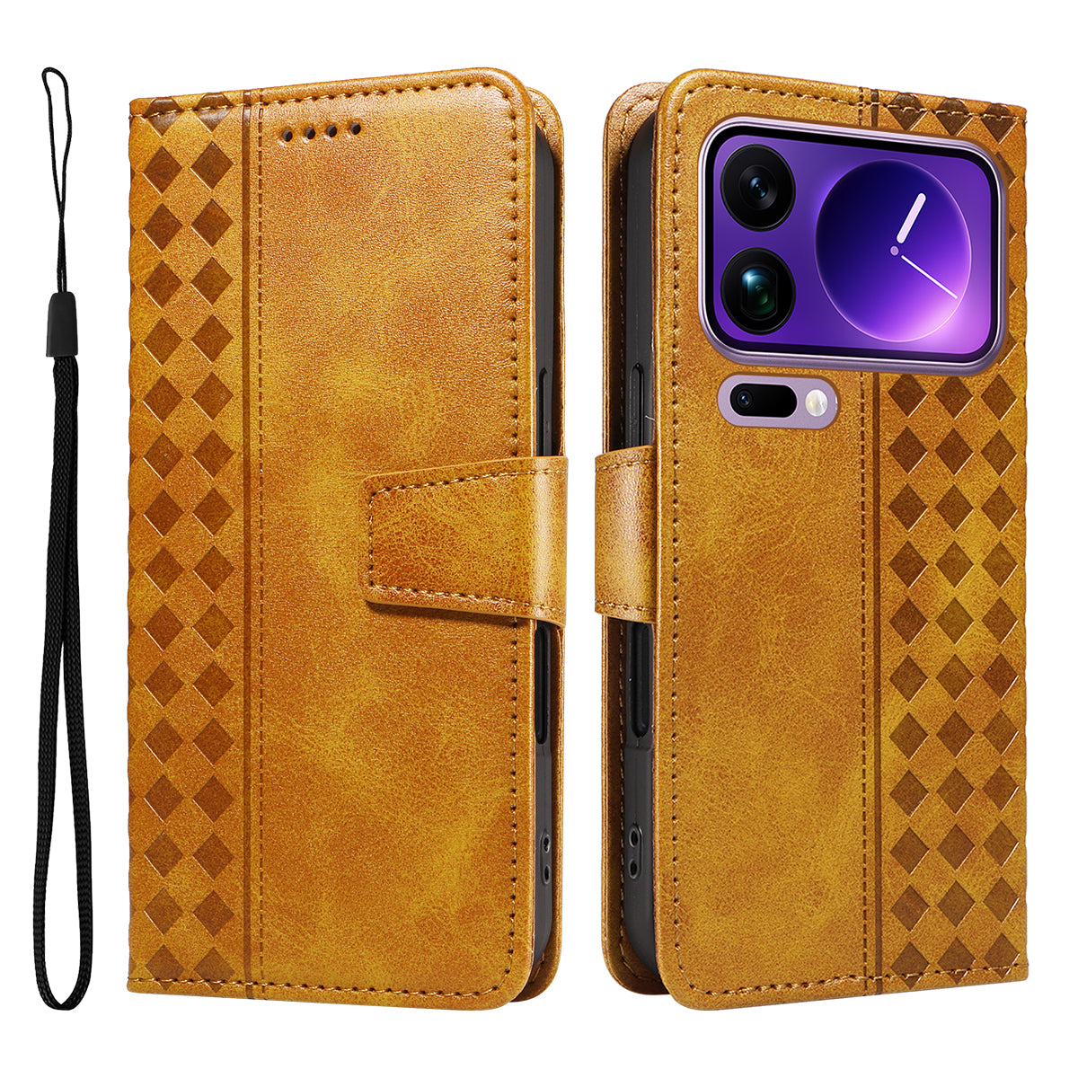 For Xiaomi 17 Pro Max Leather Case Wallet Stand Grids Imprinted Phone Cover with Strap