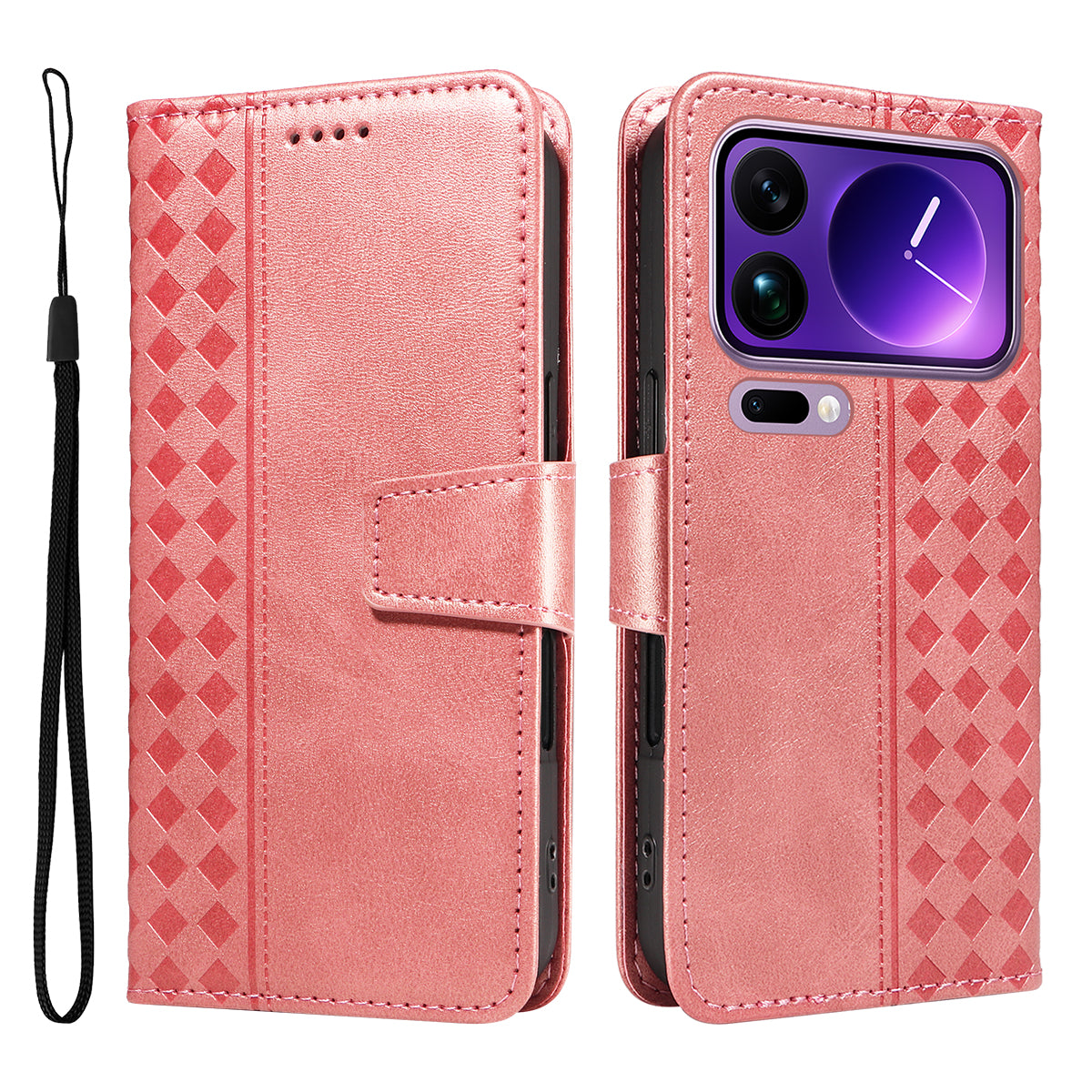 For Xiaomi 17 Pro Max Leather Case Wallet Stand Grids Imprinted Phone Cover with Strap