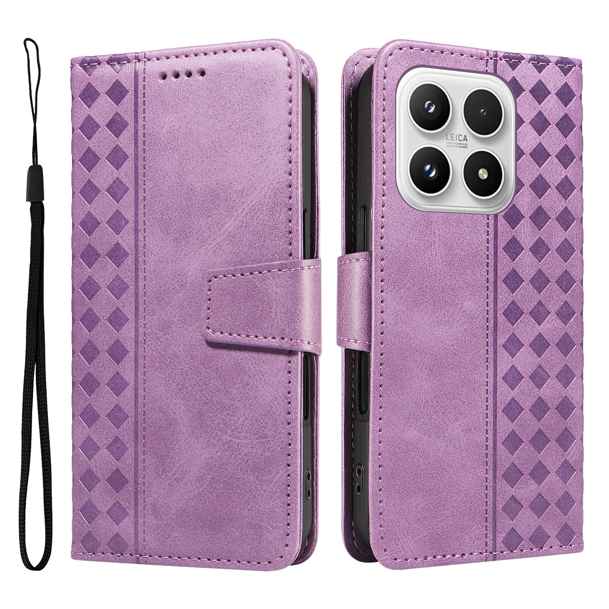 For Xiaomi 17 Leather Case Wallet Stand Grids Imprinted Phone Cover with Strap