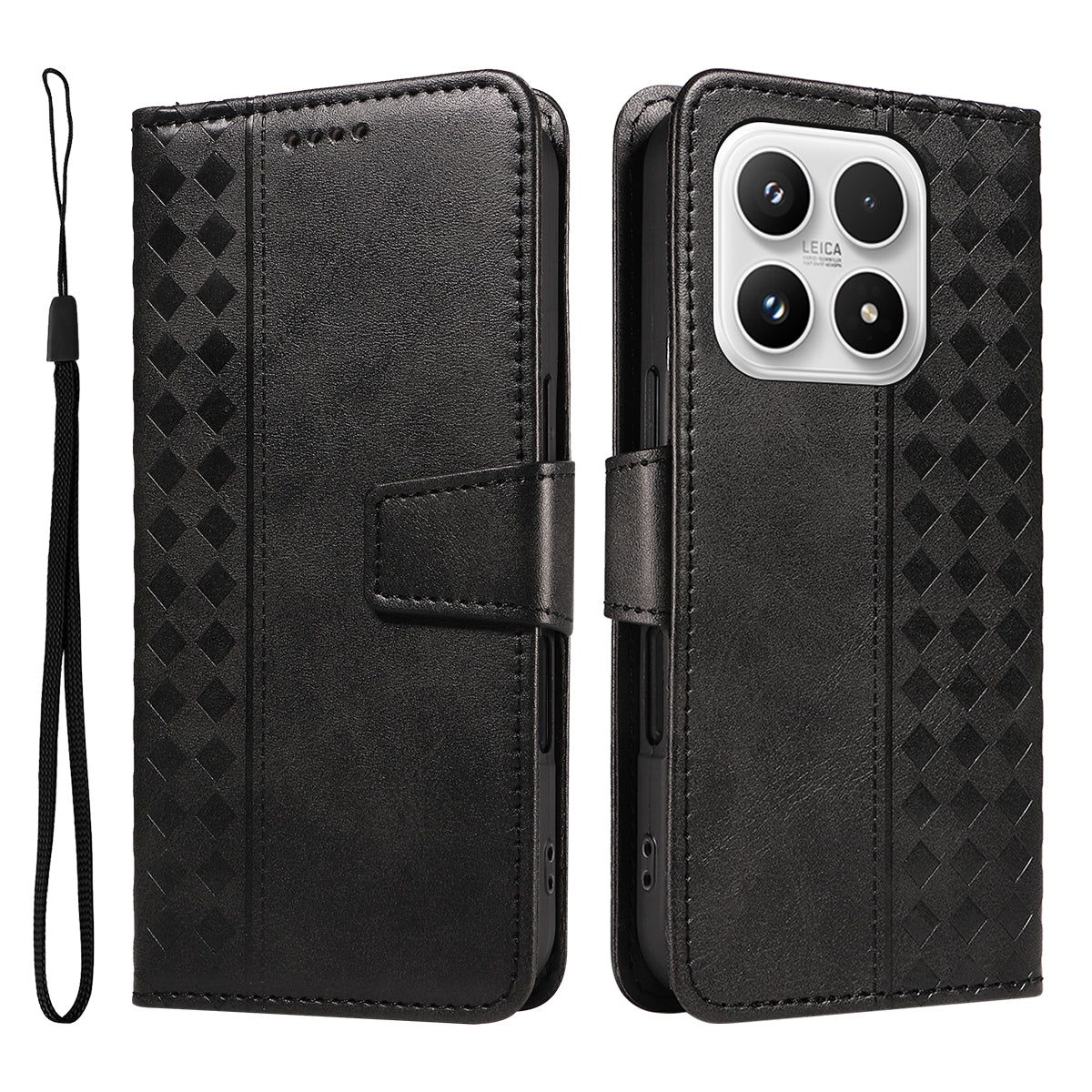 For Xiaomi 17 Leather Case Wallet Stand Grids Imprinted Phone Cover with Strap