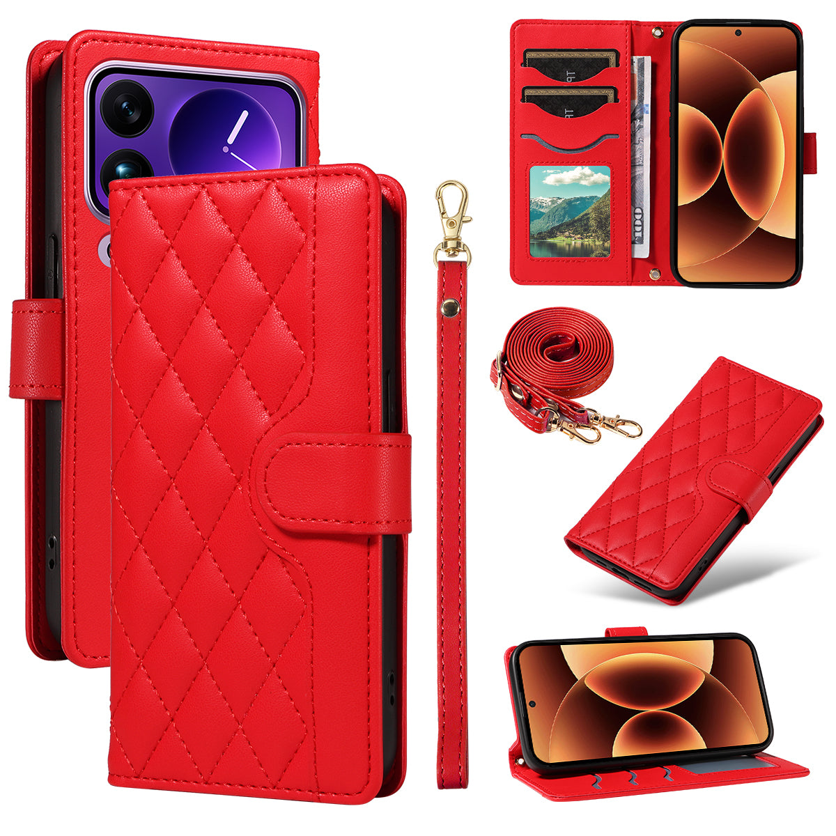 For Xiaomi 17 Pro Max Wallet Case Rhombus Leather Phone Cover with Strap