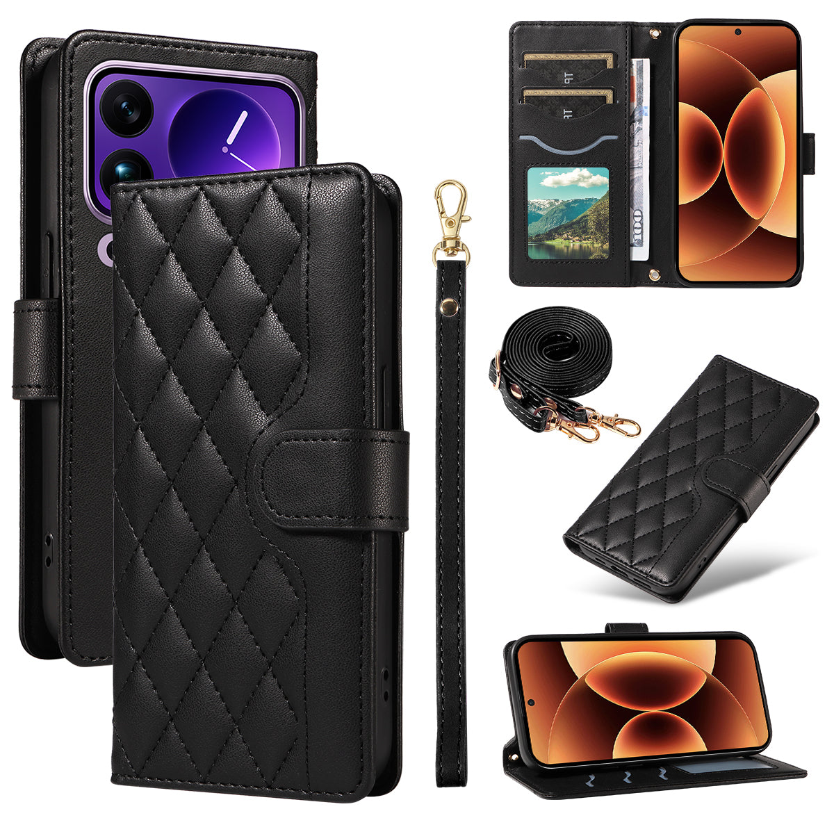 For Xiaomi 17 Pro Max Wallet Case Rhombus Leather Phone Cover with Strap