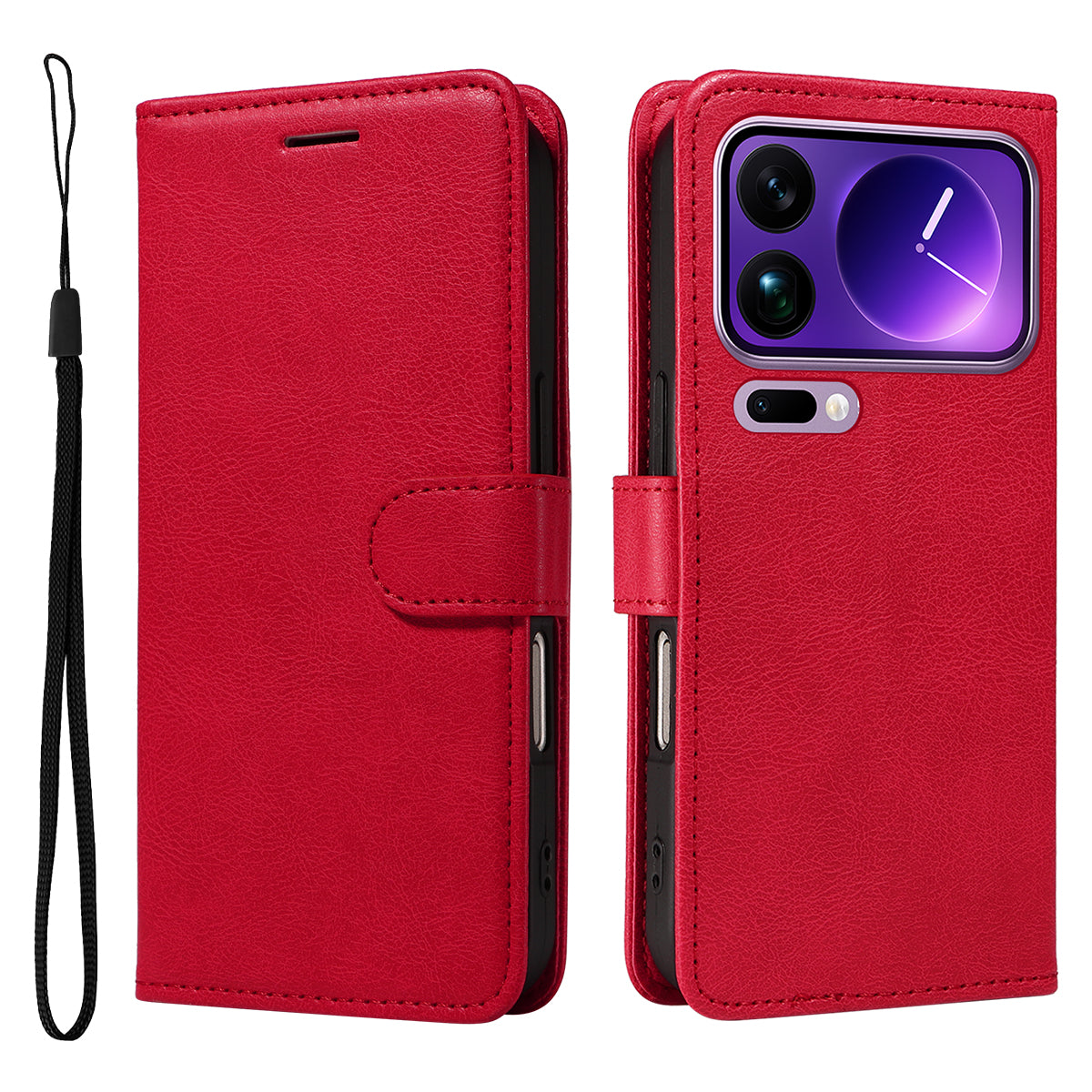 For Xiaomi 17 Pro Max Leather Wallet Case with Strap Solid Color Phone Stand Cover