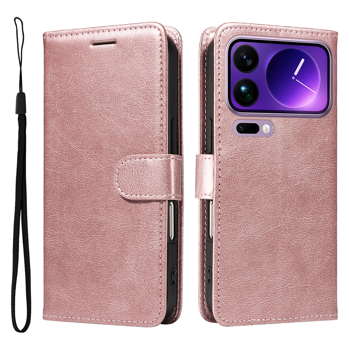 For Xiaomi 17 Pro Max Leather Wallet Case with Strap Solid Color Phone Stand Cover