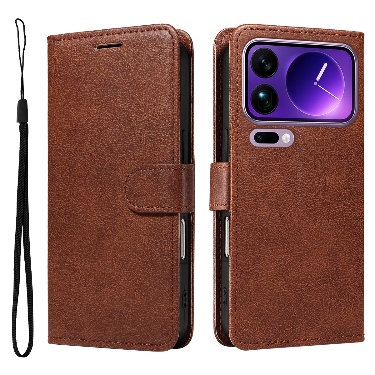 For Xiaomi 17 Pro Max Leather Wallet Case with Strap Solid Color Phone Stand Cover