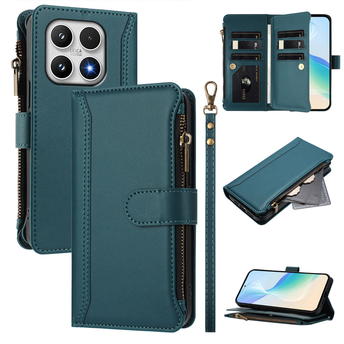For Xiaomi 17 Leather Case 9 Card Slots Zipper Wallet Stand Phone Cover with Wrist Strap