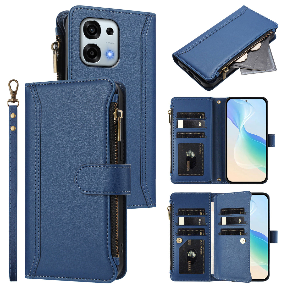 Oppo F31 5G / Oppo A6 Pro 5G-læderetui med 9 kortlommer, lynlås, pung-etui og håndledsrem