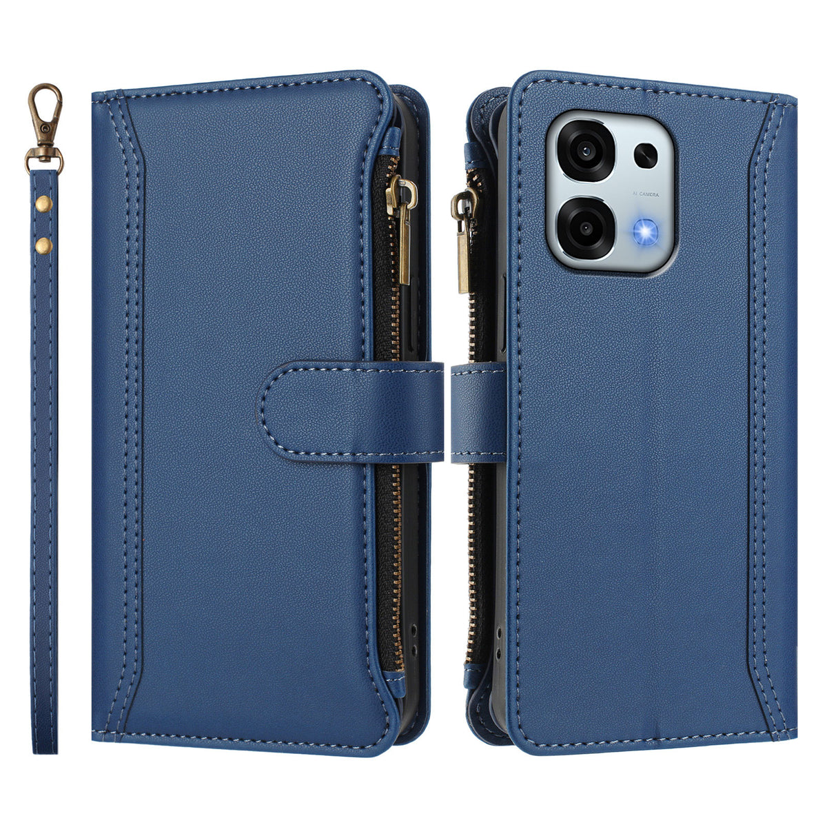 Oppo F31 5G / Oppo A6 Pro 5G-læderetui med 9 kortlommer, lynlås, pung-etui og håndledsrem