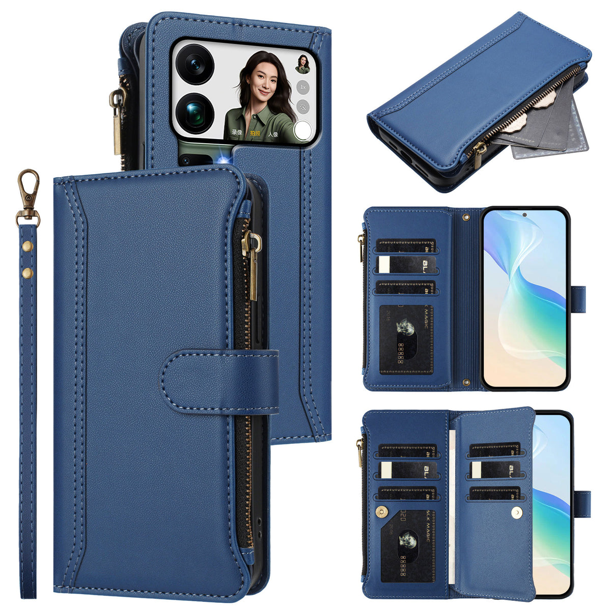 Läderfodral för Xiaomi 17 Pro Max, 9 kortfack, dragkedja, plånboksfodral med handledsrem