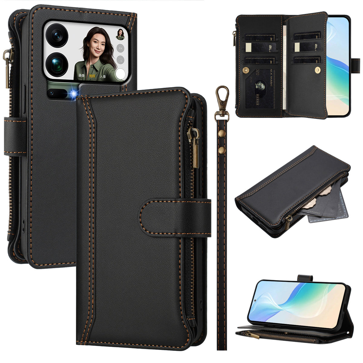Läderfodral för Xiaomi 17 Pro Max, 9 kortfack, dragkedja, plånboksfodral med handledsrem