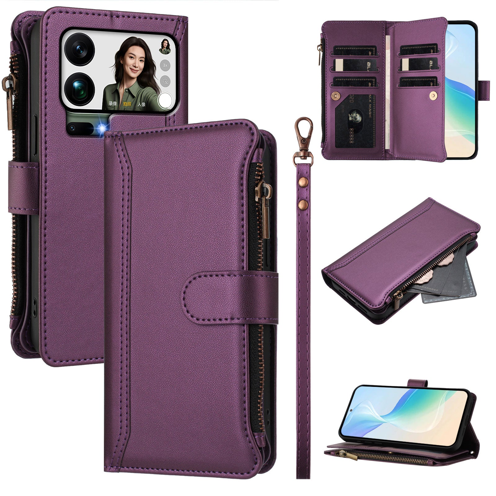 For Xiaomi 17 Pro Max Leather Case 9 Card Slots Zipper Wallet Stand Phone Cover with Wrist Strap
