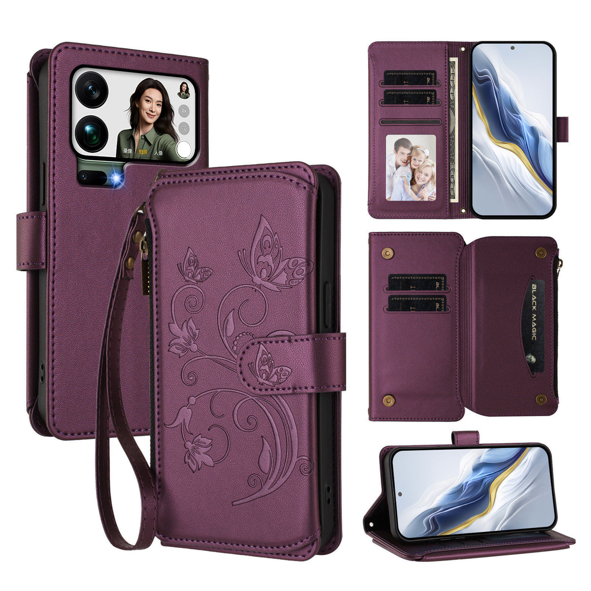For Xiaomi 17 Pro Max Leather Case Butterfly Floral Imprint Zipper Wallet Stand Cover with Wrist Strap