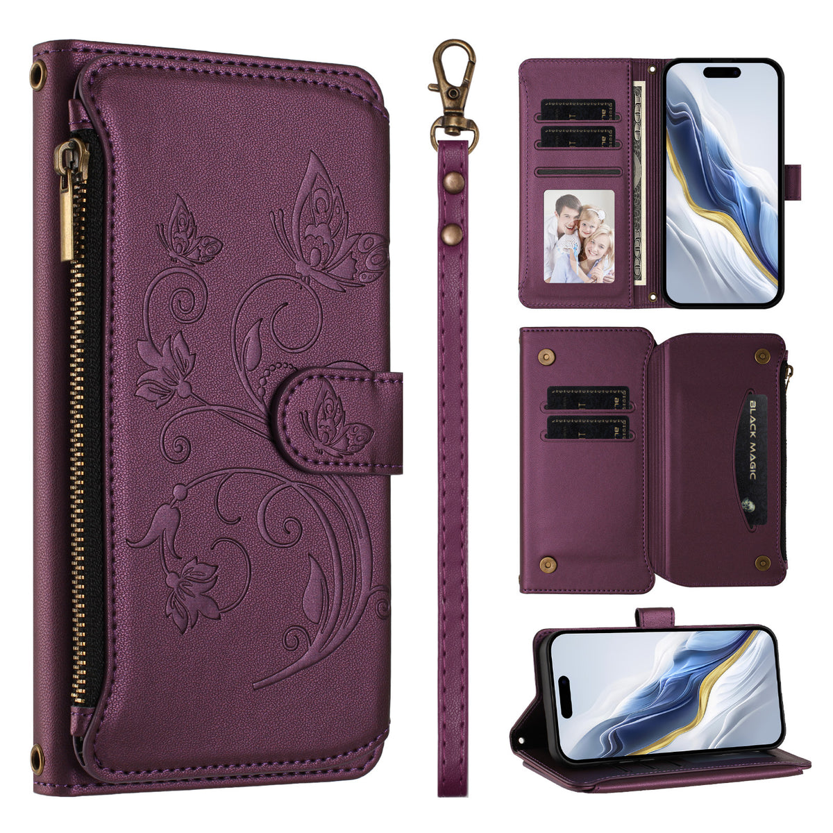 For Xiaomi 17 Pro Max Leather Case Butterfly Floral Imprint Zipper Wallet Stand Cover with Wrist Strap