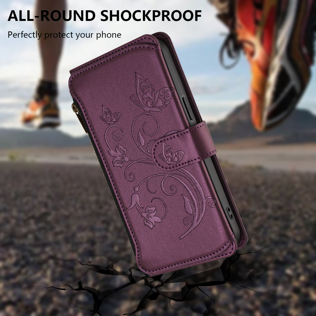 For Xiaomi 17 Pro Max Leather Case Butterfly Floral Imprint Zipper Wallet Stand Cover with Wrist Strap