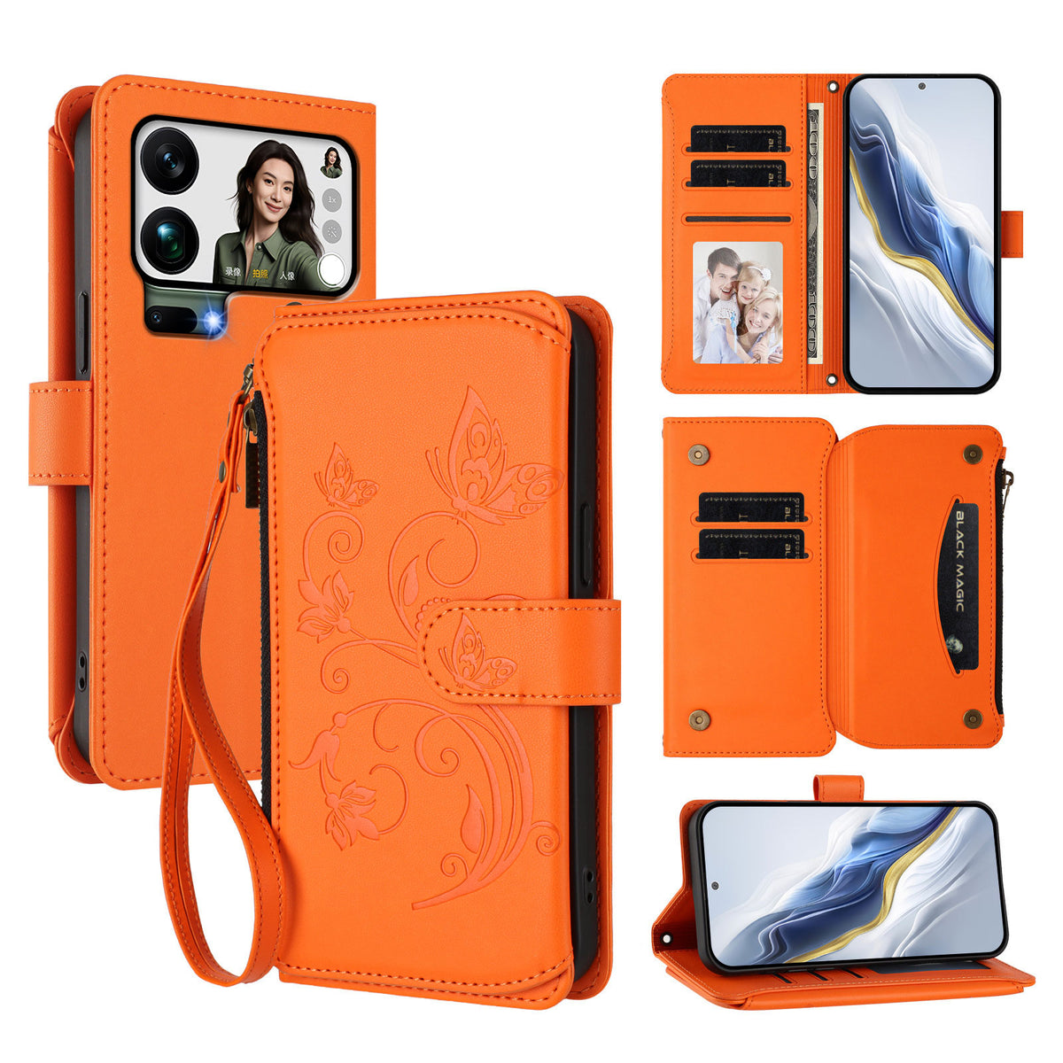 For Xiaomi 17 Pro Max Leather Case Butterfly Floral Imprint Zipper Wallet Stand Cover with Wrist Strap