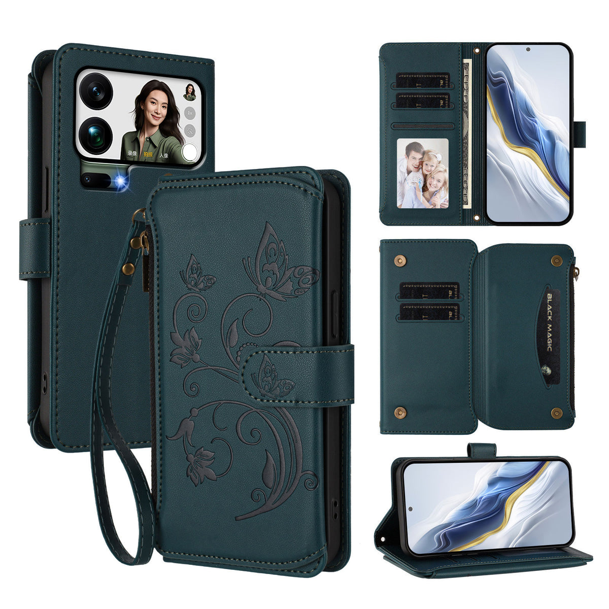 For Xiaomi 17 Pro Max Leather Case Butterfly Floral Imprint Zipper Wallet Stand Cover with Wrist Strap