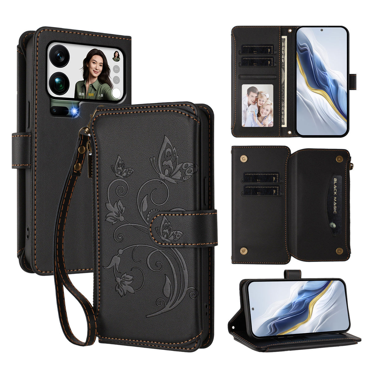 For Xiaomi 17 Pro Max Leather Case Butterfly Floral Imprint Zipper Wallet Stand Cover with Wrist Strap