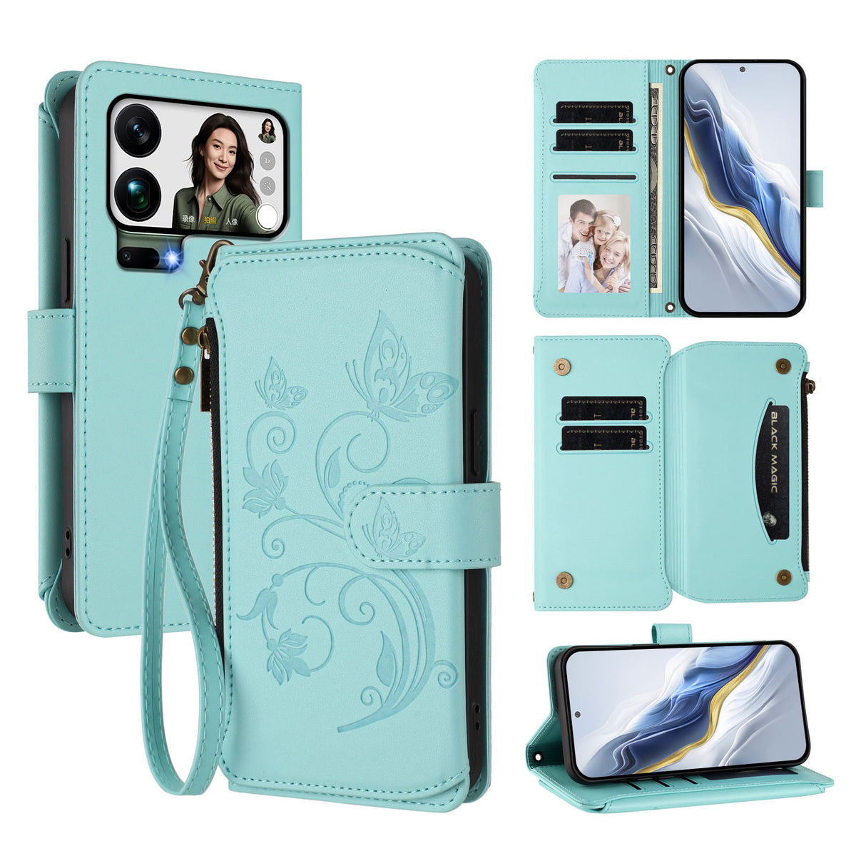 For Xiaomi 17 Pro Max Leather Case Butterfly Floral Imprint Zipper Wallet Stand Cover with Wrist Strap