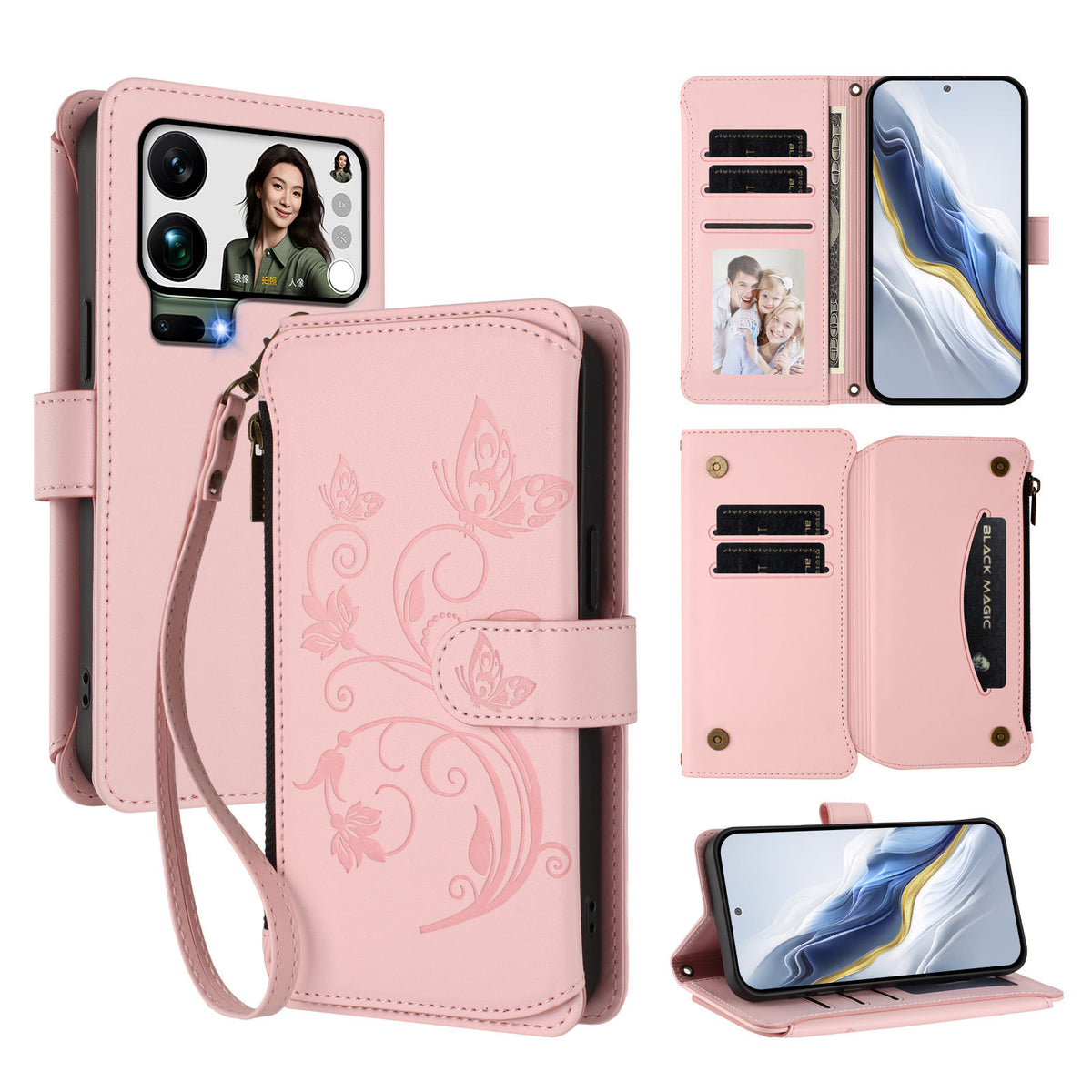 For Xiaomi 17 Pro Max Leather Case Butterfly Floral Imprint Zipper Wallet Stand Cover with Wrist Strap