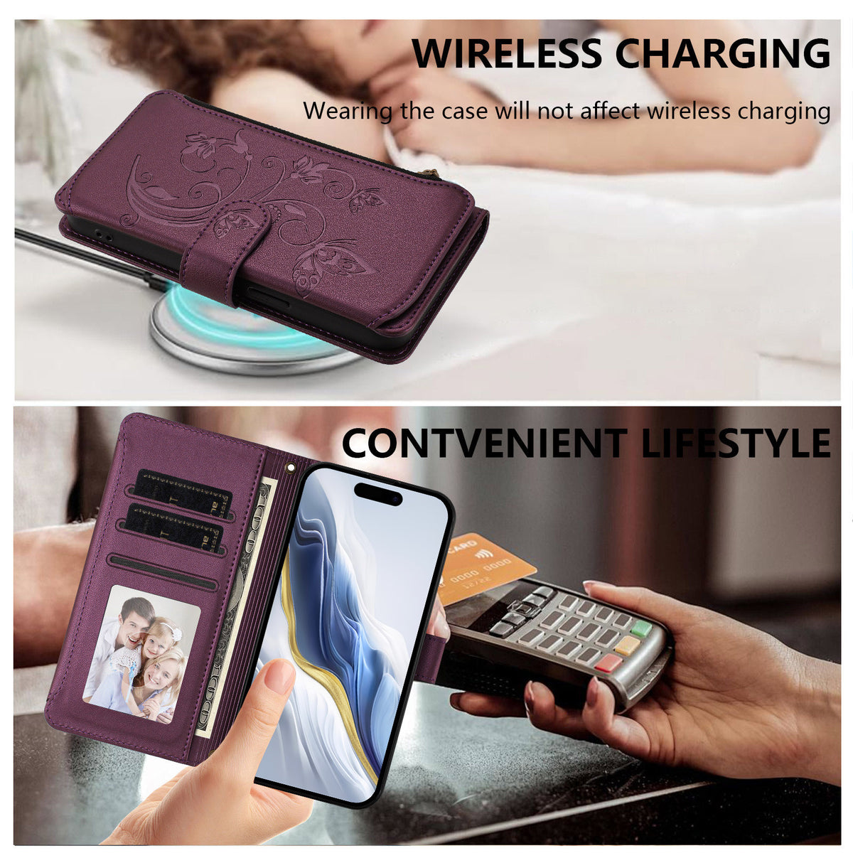 For Xiaomi 17 Pro Leather Case Butterfly Floral Imprint Zipper Wallet Stand Cover with Wrist Strap