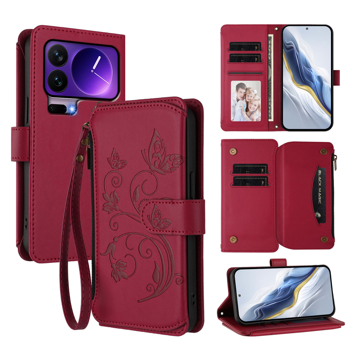 For Xiaomi 17 Pro Leather Case Butterfly Floral Imprint Zipper Wallet Stand Cover with Wrist Strap
