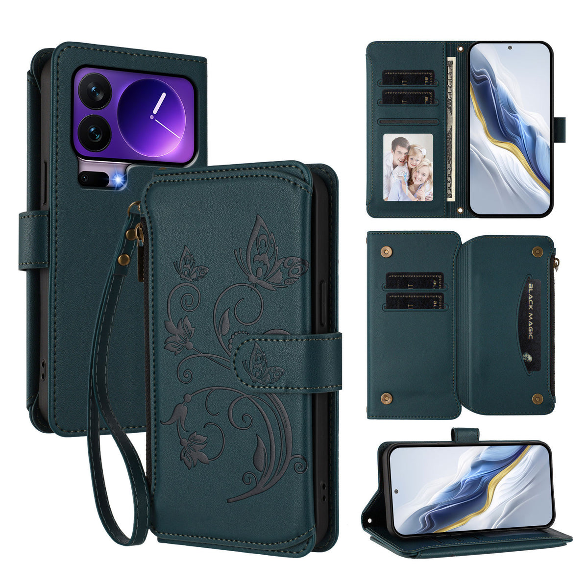 For Xiaomi 17 Pro Leather Case Butterfly Floral Imprint Zipper Wallet Stand Cover with Wrist Strap