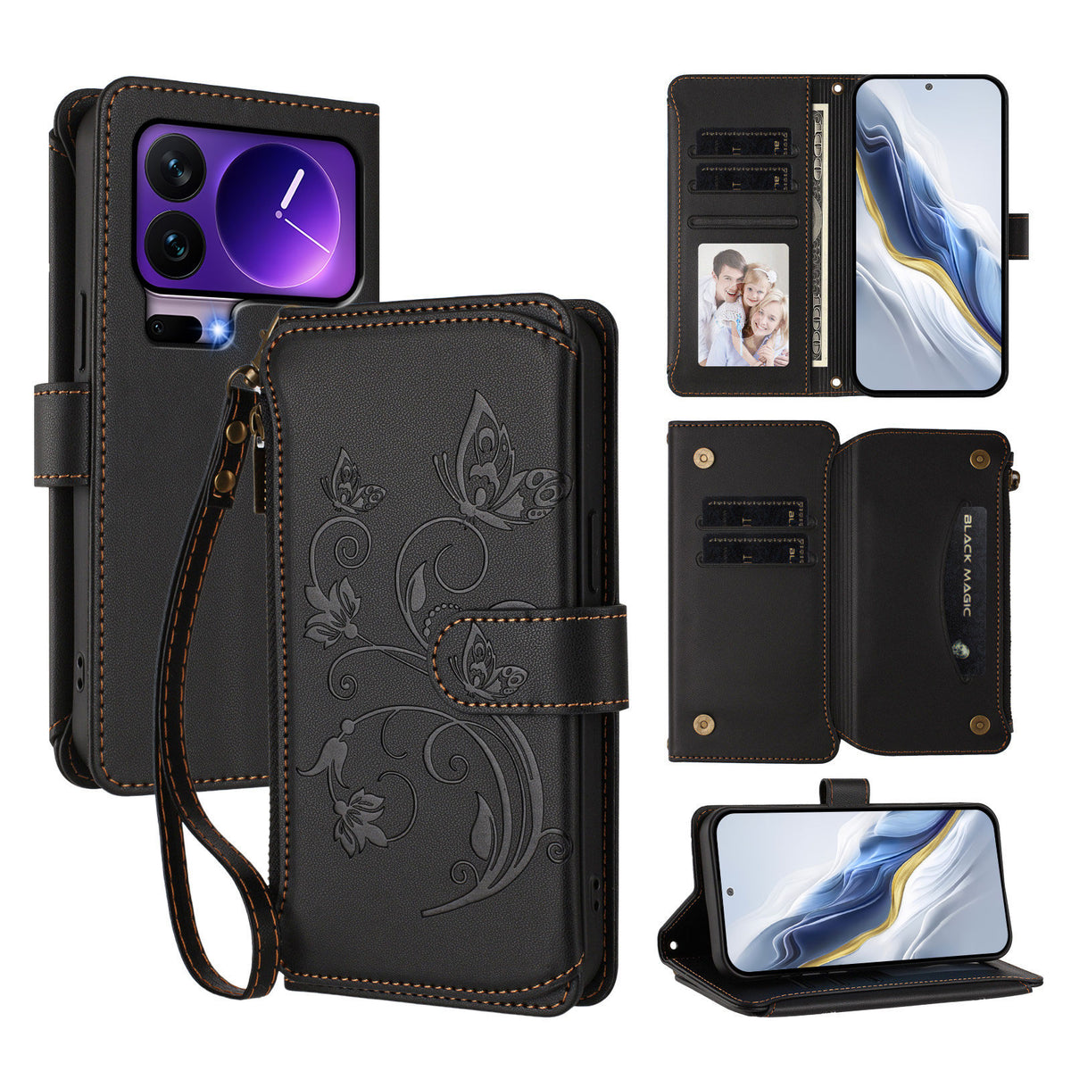 For Xiaomi 17 Pro Leather Case Butterfly Floral Imprint Zipper Wallet Stand Cover with Wrist Strap