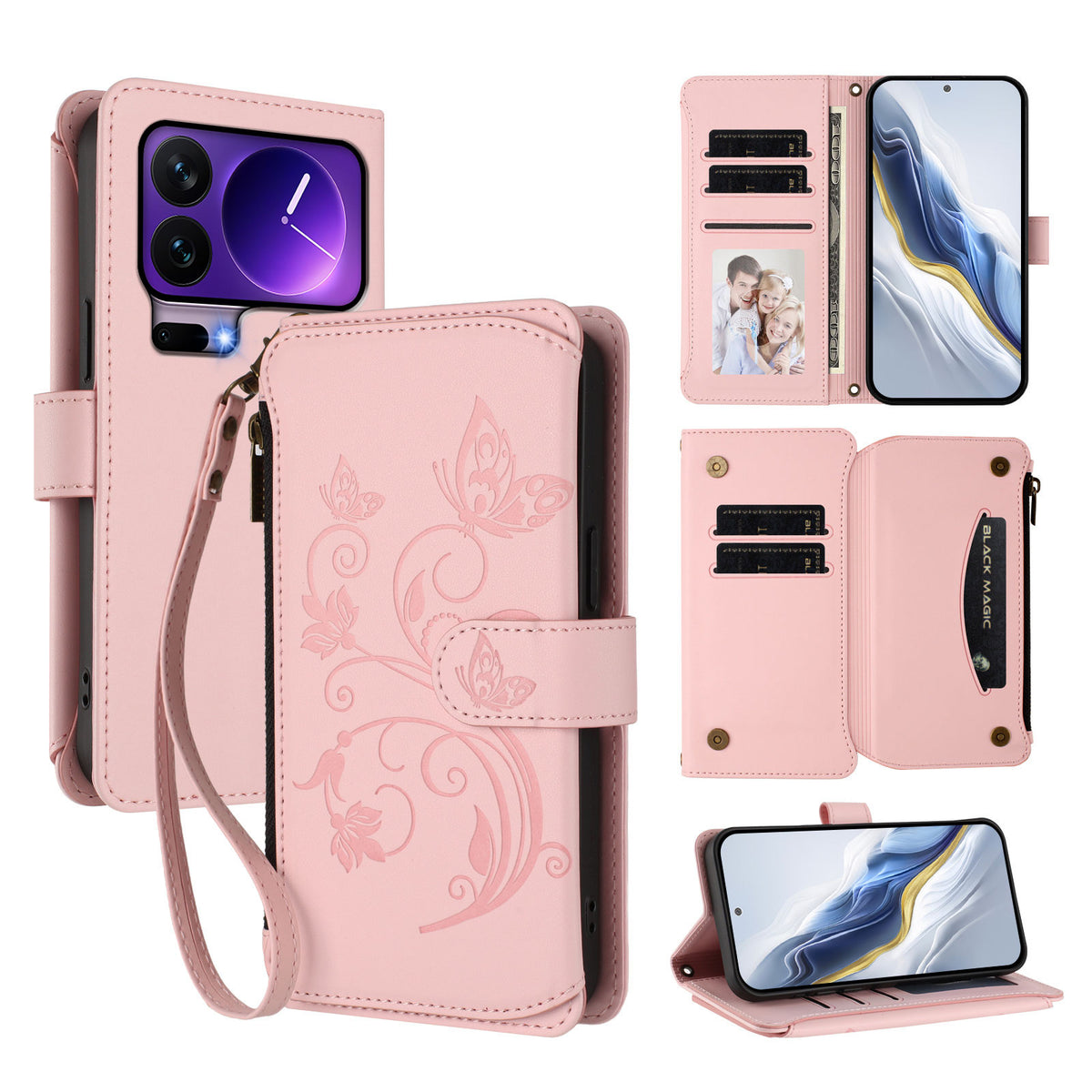 For Xiaomi 17 Pro Leather Case Butterfly Floral Imprint Zipper Wallet Stand Cover with Wrist Strap