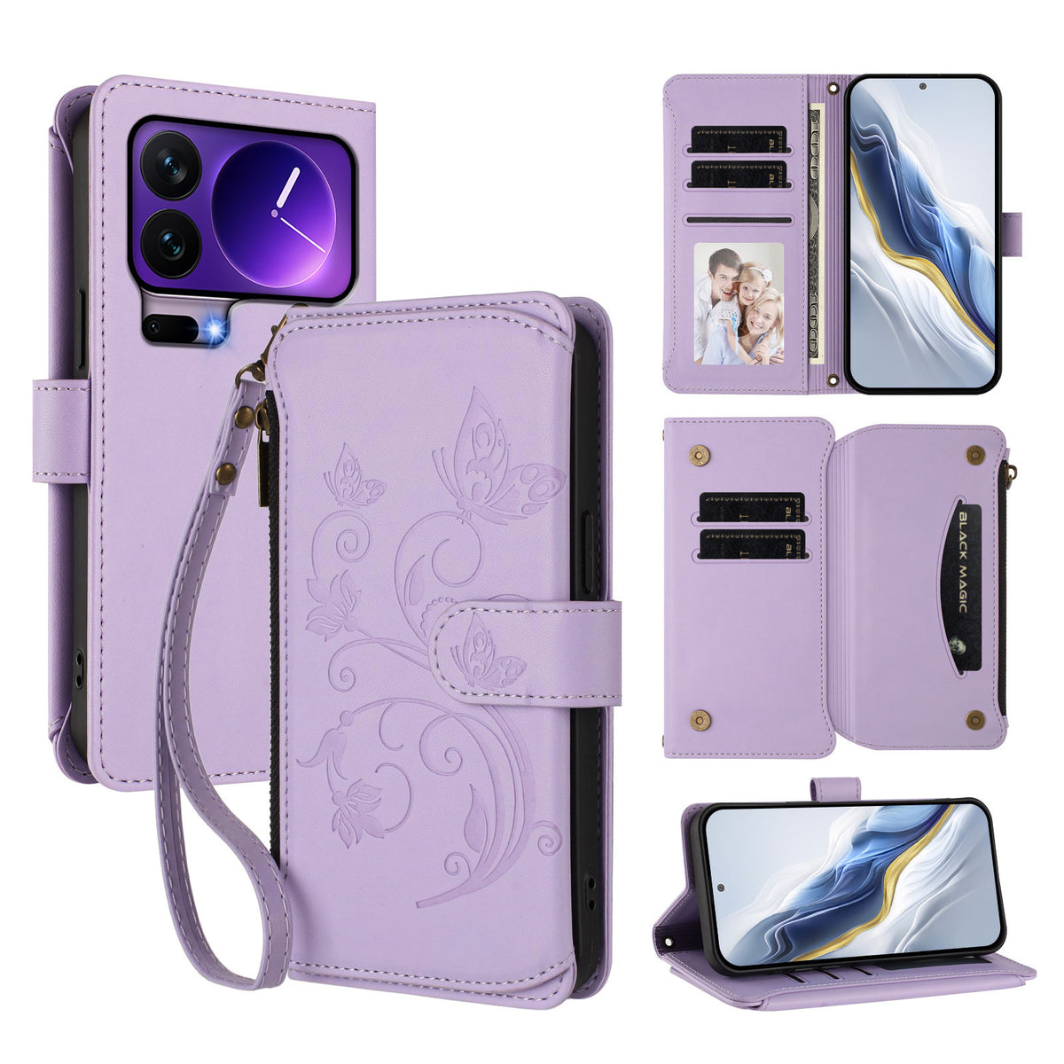 For Xiaomi 17 Pro Leather Case Butterfly Floral Imprint Zipper Wallet Stand Cover with Wrist Strap