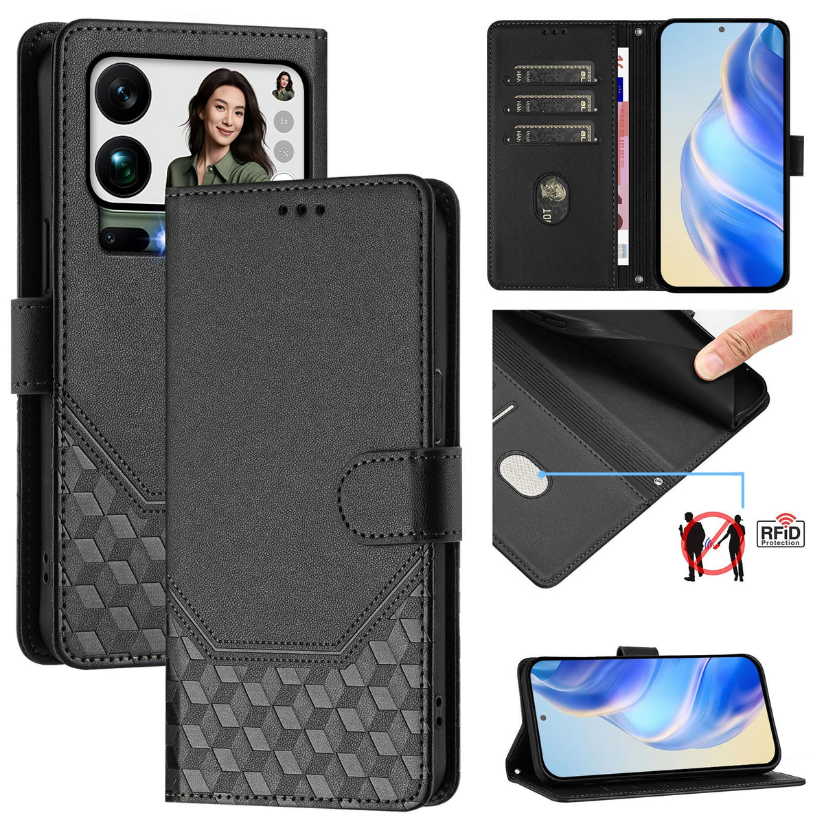 Xiaomi 17 Pro Max-skal med tryckt honungskakamönster, RFID-blockerande läderfodral med rem
