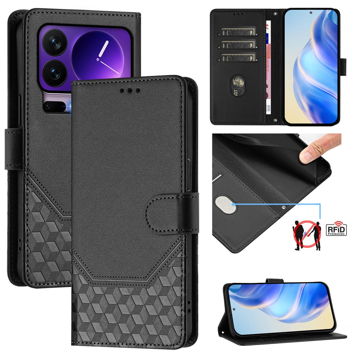 For Xiaomi 17 Pro Case Imprinted Honeycomb RFID Blocking Leather Phone Cover with Strap