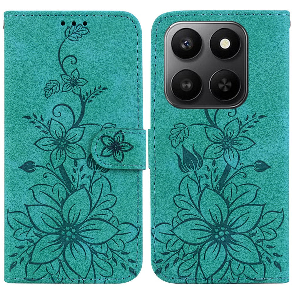 For Honor 400 Smart 5G / 4G / X7d 4G Stand Case Lily Flower Imprint Leather Phone Cover with Wrist Strap
