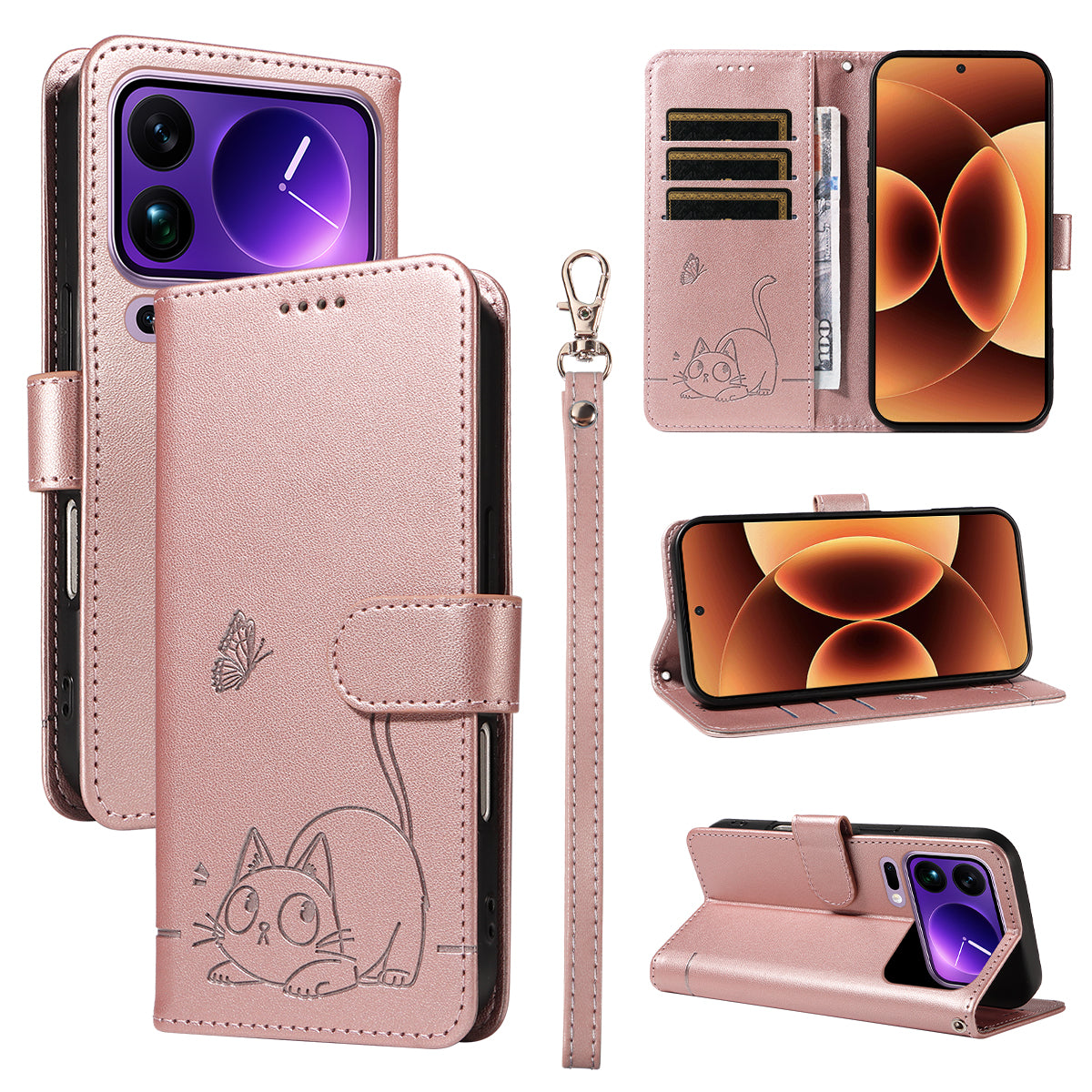 For Xiaomi 17 Pro Max Case Cat Pattern Imprint Leather Phone Cover with Wrist Strap