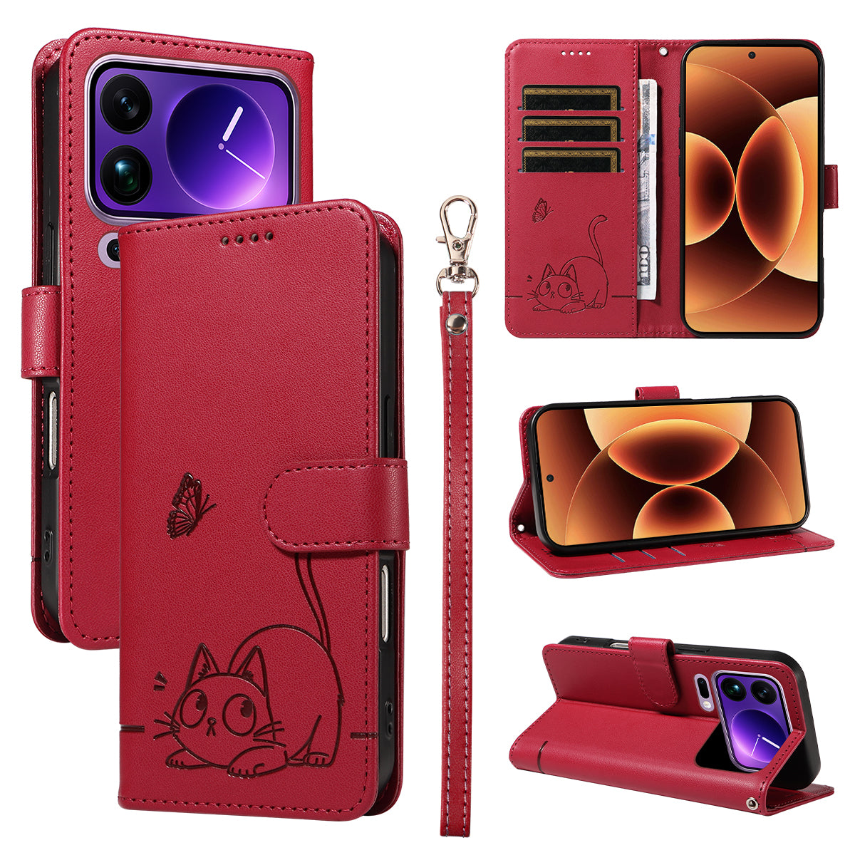 For Xiaomi 17 Pro Max Case Cat Pattern Imprint Leather Phone Cover with Wrist Strap