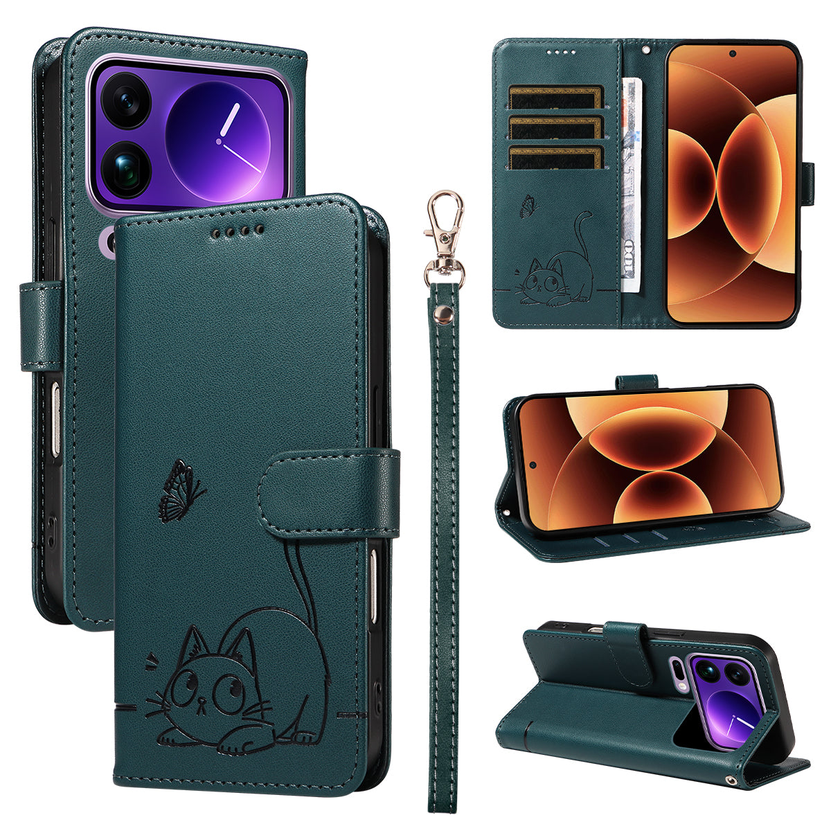 For Xiaomi 17 Pro Max Case Cat Pattern Imprint Leather Phone Cover with Wrist Strap