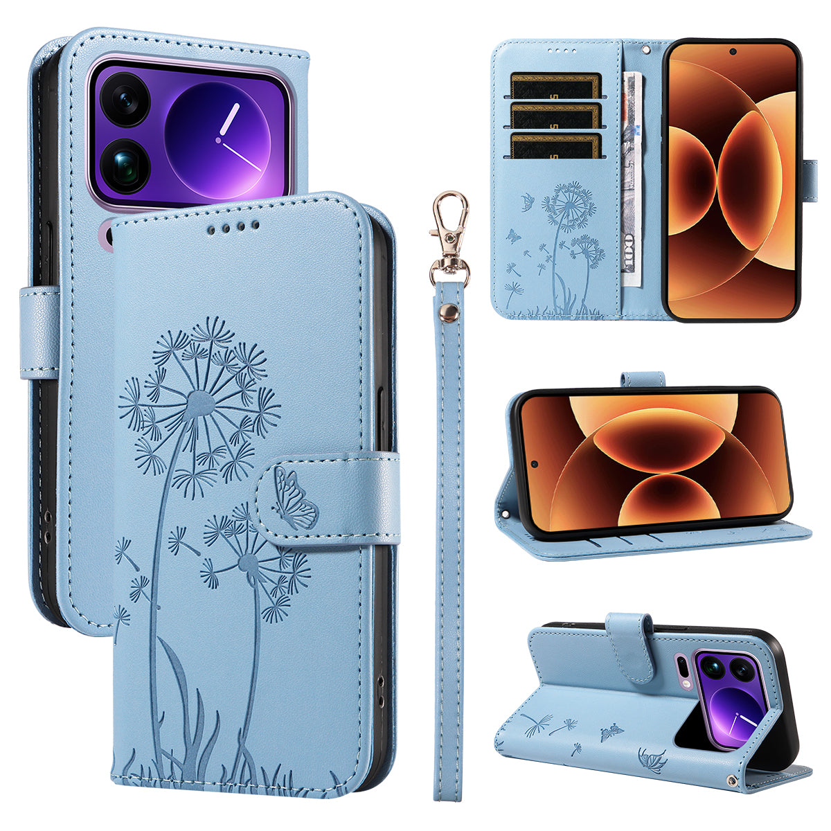 For Xiaomi 17 Pro Max Leather Wallet Case with Strap Dandelion Imprint Phone Stand Cover