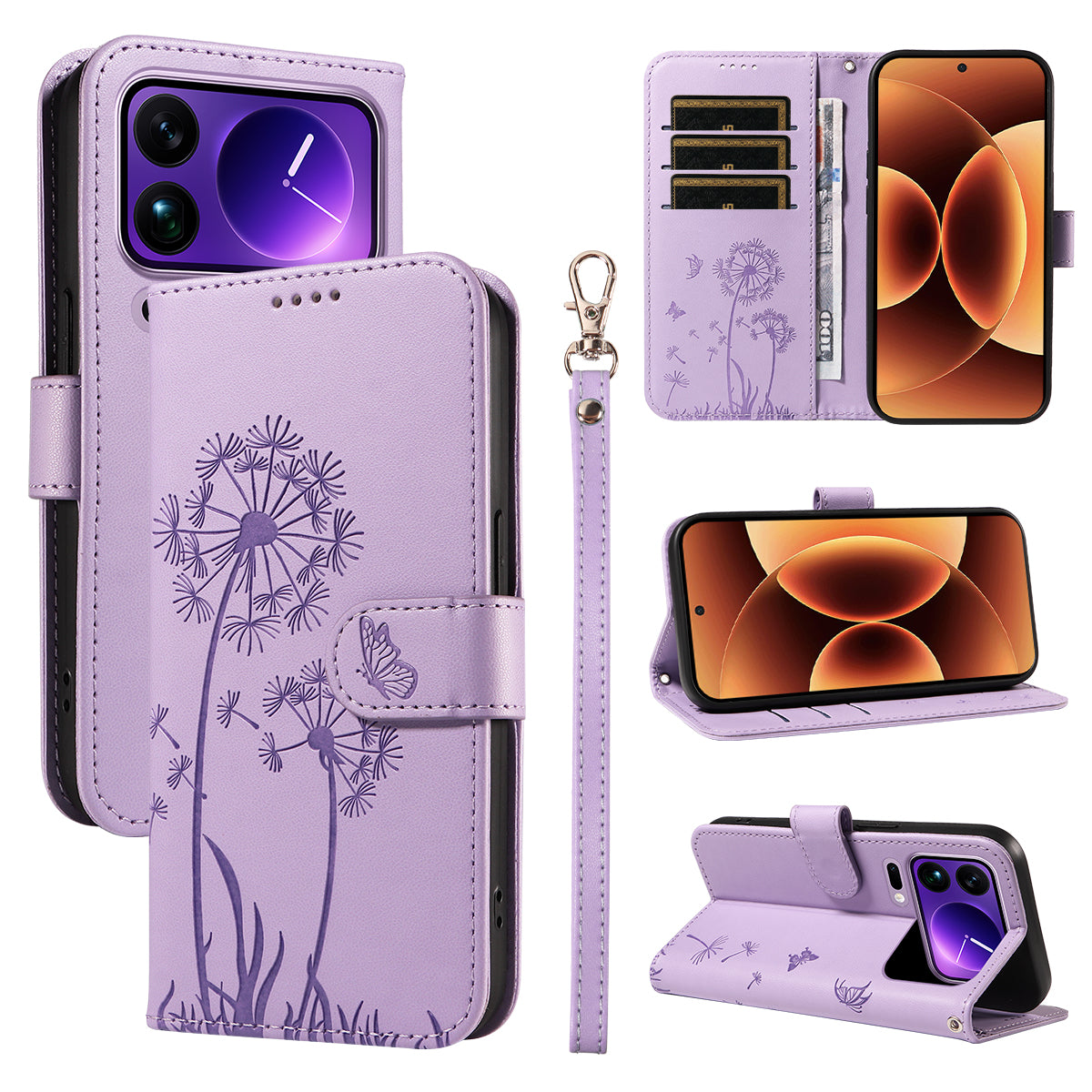 For Xiaomi 17 Pro Max Leather Wallet Case with Strap Dandelion Imprint Phone Stand Cover