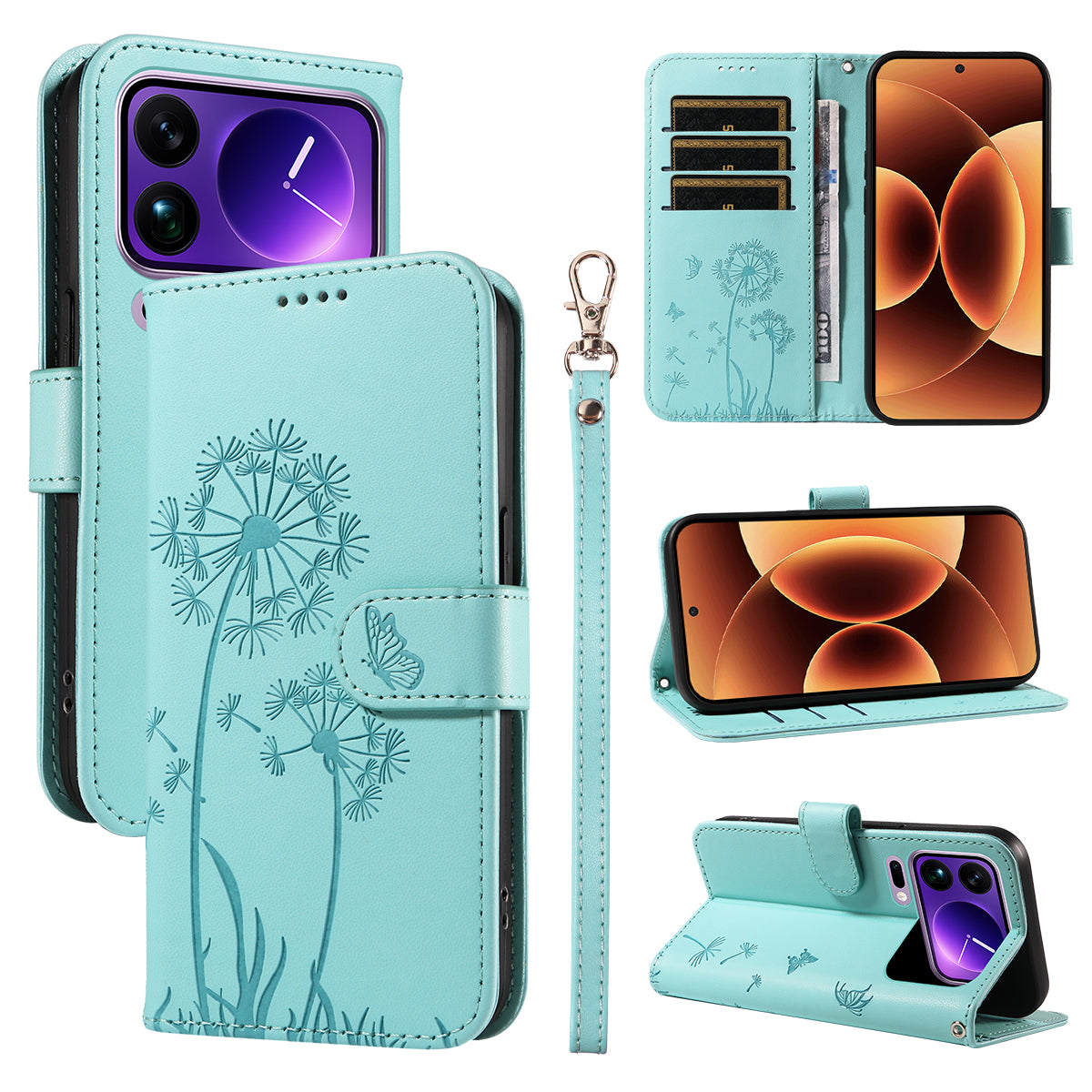 For Xiaomi 17 Pro Max Leather Wallet Case with Strap Dandelion Imprint Phone Stand Cover