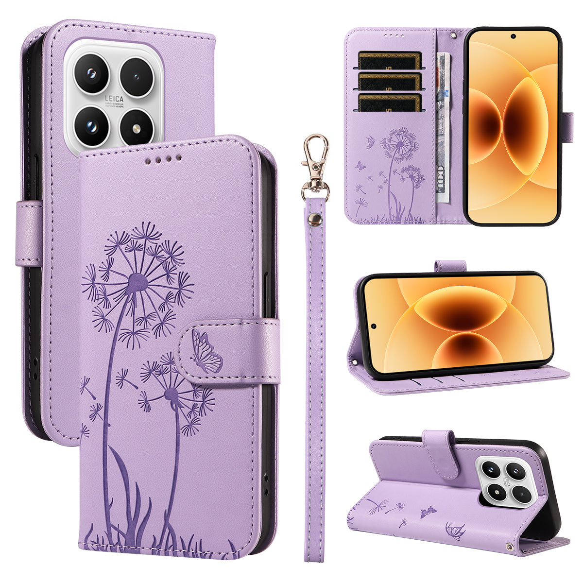 For Xiaomi 17 Leather Wallet Case with Strap Dandelion Imprint Phone Stand Cover